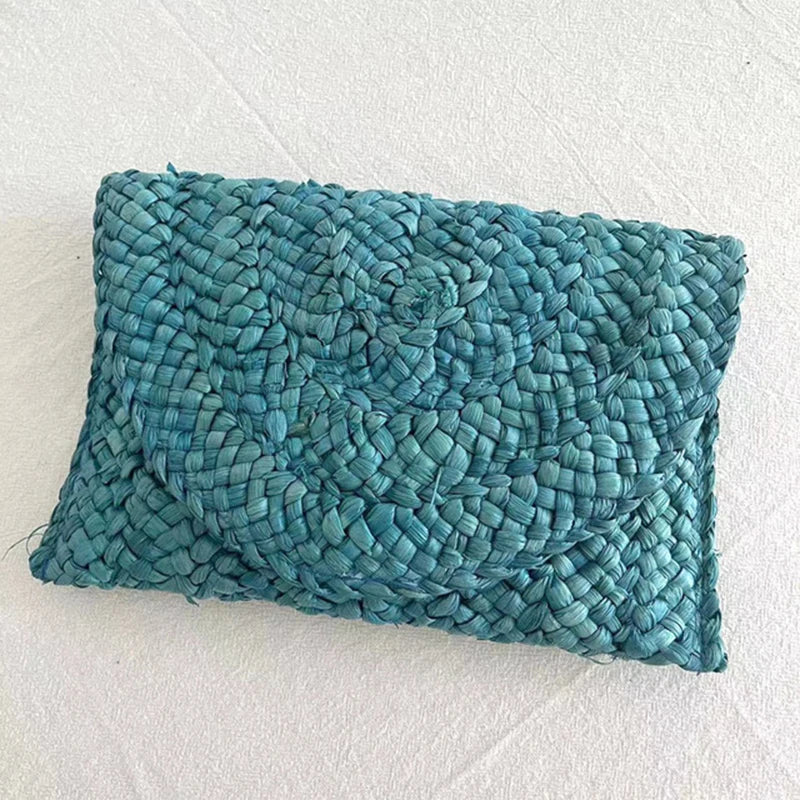 Bolso de Paja Natural Estilo Flap Azul Turquesa