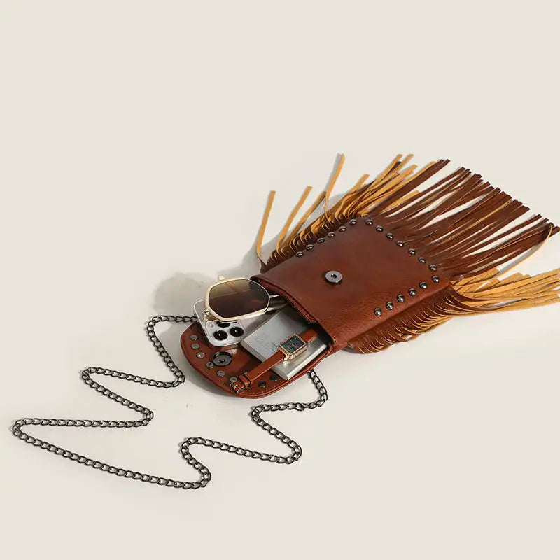 Bolso para Móvil de PU con Cadenas y Flecos – Estilo Vintage Punk Chic