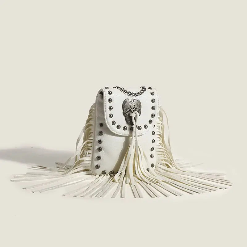 Bolso para Móvil de PU con Cadenas y Flecos – Estilo Vintage Punk Chic