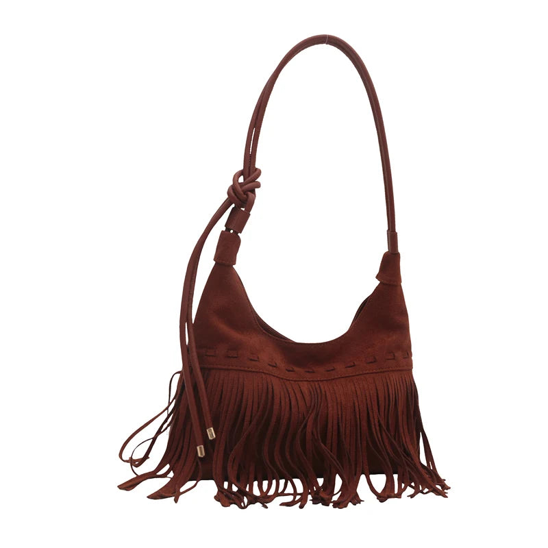 Bolso Tote Café con Flecos en Gamuza Sintética – Boho Chic Versátil